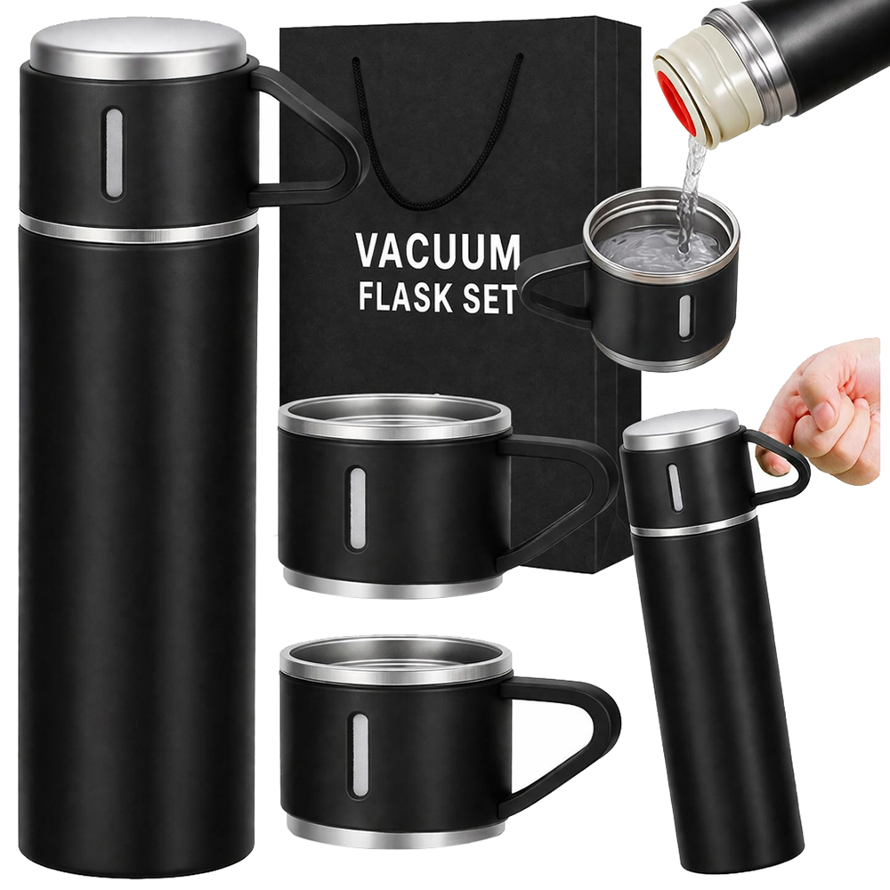 Thermoskanne 400ml Edelstahl isoliert 3 Becher Set Thermosflasche Camping