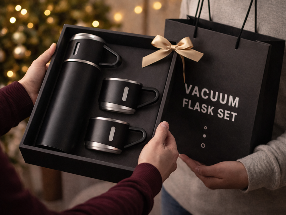 Thermoskanne 400ml Edelstahl isoliert 3 Becher Set Thermosflasche Camping