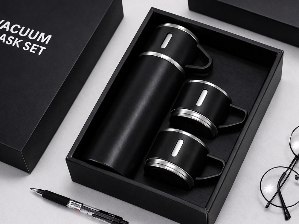 Thermoskanne 400ml Edelstahl isoliert 3 Becher Set Thermosflasche Camping