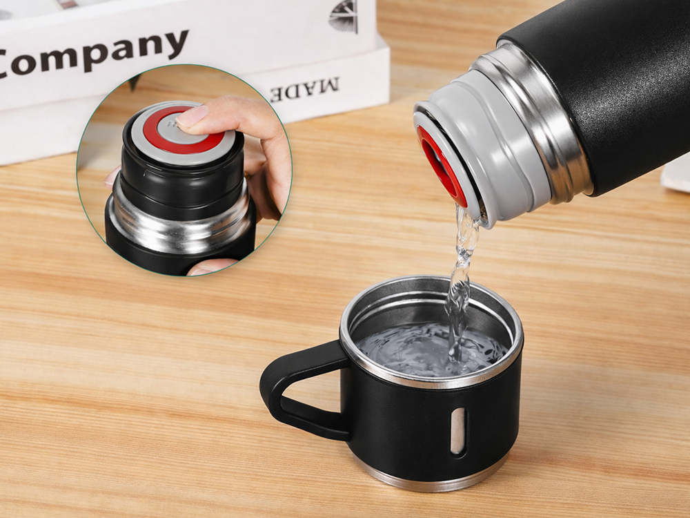 Thermoskanne 400ml Edelstahl isoliert 3 Becher Set Thermosflasche Camping