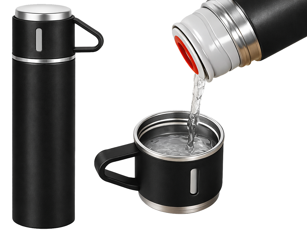 Thermoskanne 400ml Edelstahl isoliert 3 Becher Set Thermosflasche Camping