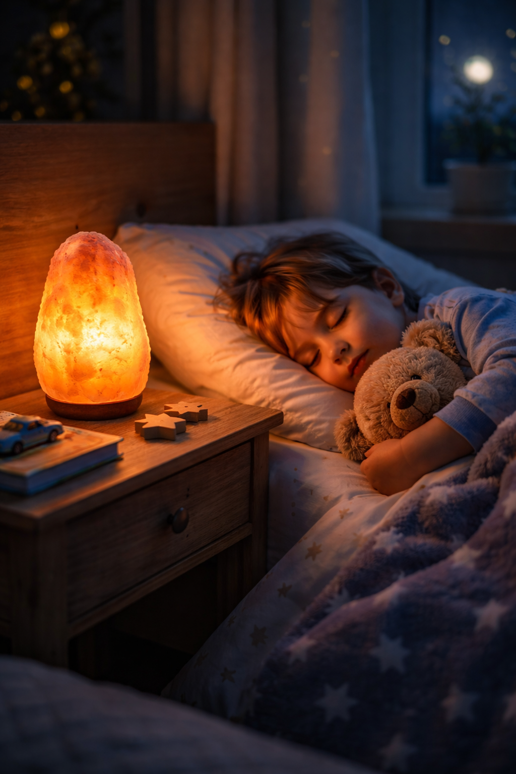 Salzlampe Tischlampe mit Dimmer Holzsockel E14 warmes Licht Deko