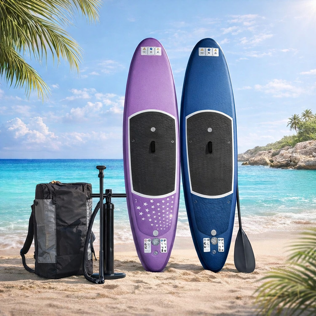Aufblasbares SUP Board Set Lila 366 cm XXL  – 2in1 Stand Up Paddle & Kajak Funktion mit Sitz, Paddel, Double-Action-Pumpe, Tragetasche & Reparaturset
