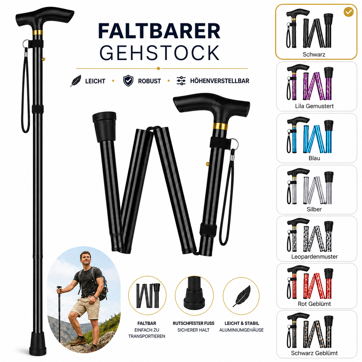 Faltbarer Gehstock höhenverstellbar leicht Aluminium rutschfest