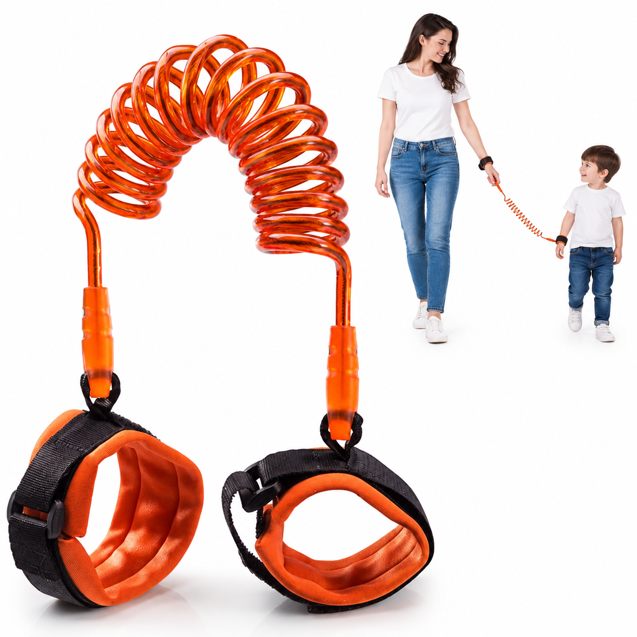 Kinder Sicherheitsarmband Anti Verlust Lauflernleine Orange – Verstellbare Sicherheitsleine für Kinder mit Spiralkabel und Handgelenkband