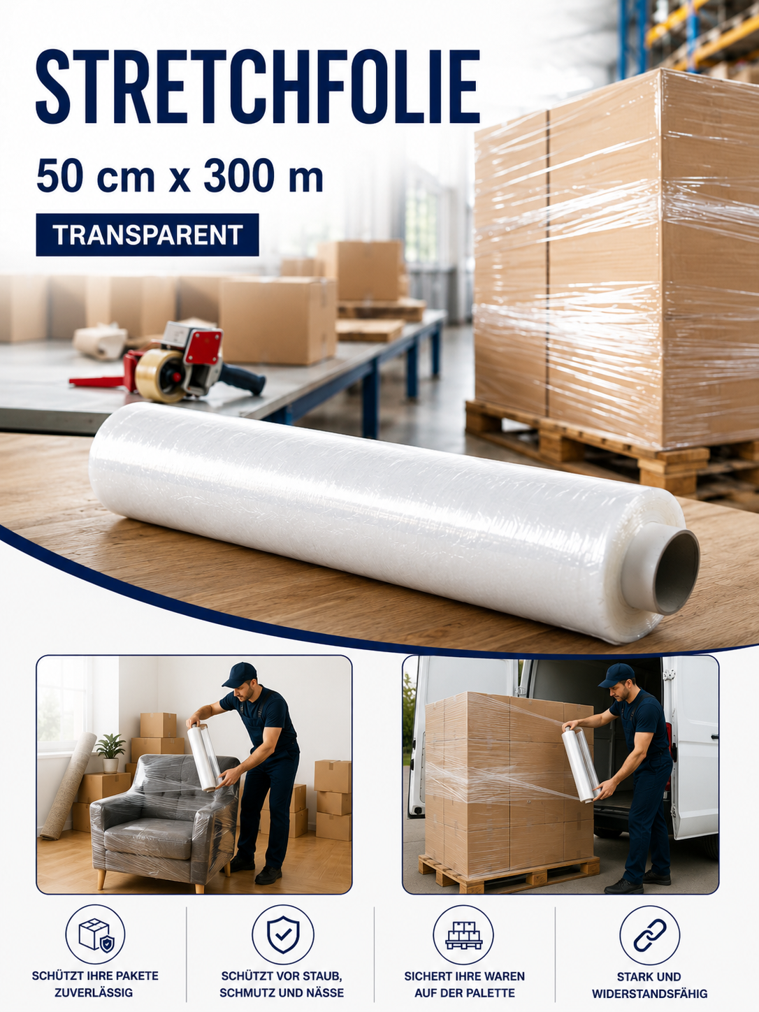 Stretchfolie 50cm x 300m Transparent Palettenfolie Verpackungsfolie