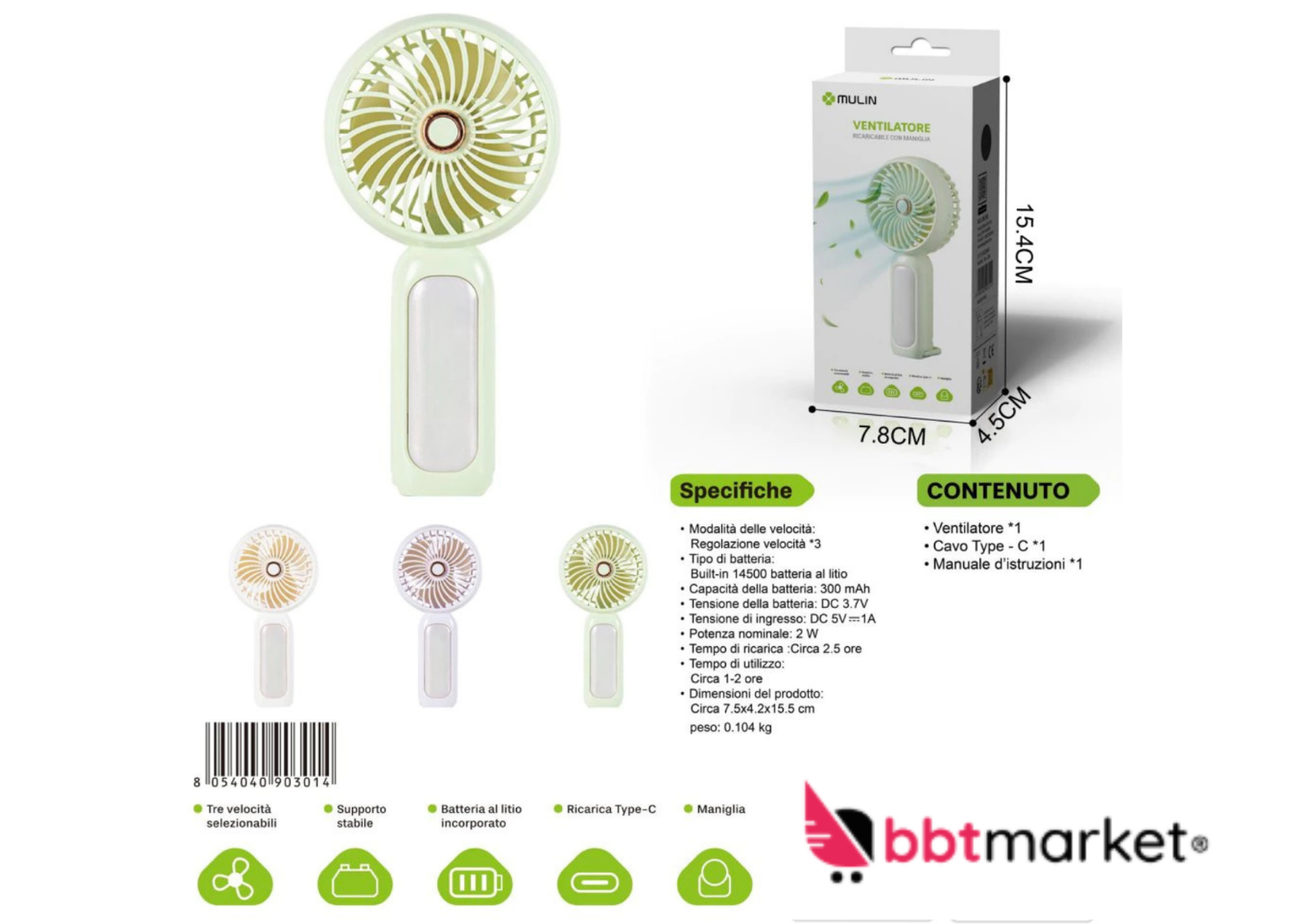 Mini Handventilator mit Akku und Griff – USB-C Ventilator mit 3 Stufen