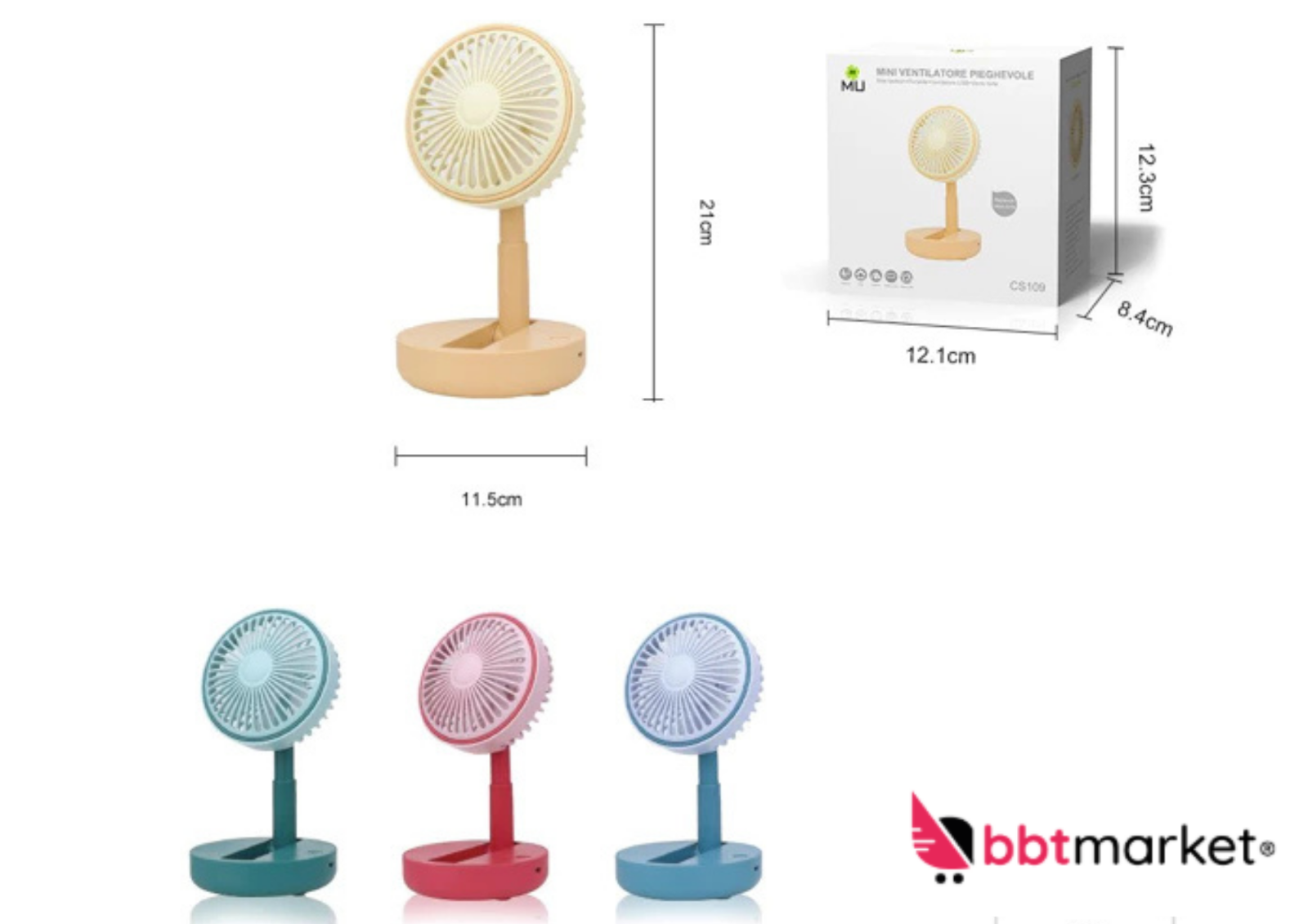 Mini Tischventilator faltbar mit 7200mAh Akku, Nachtlicht und Handyhalter
