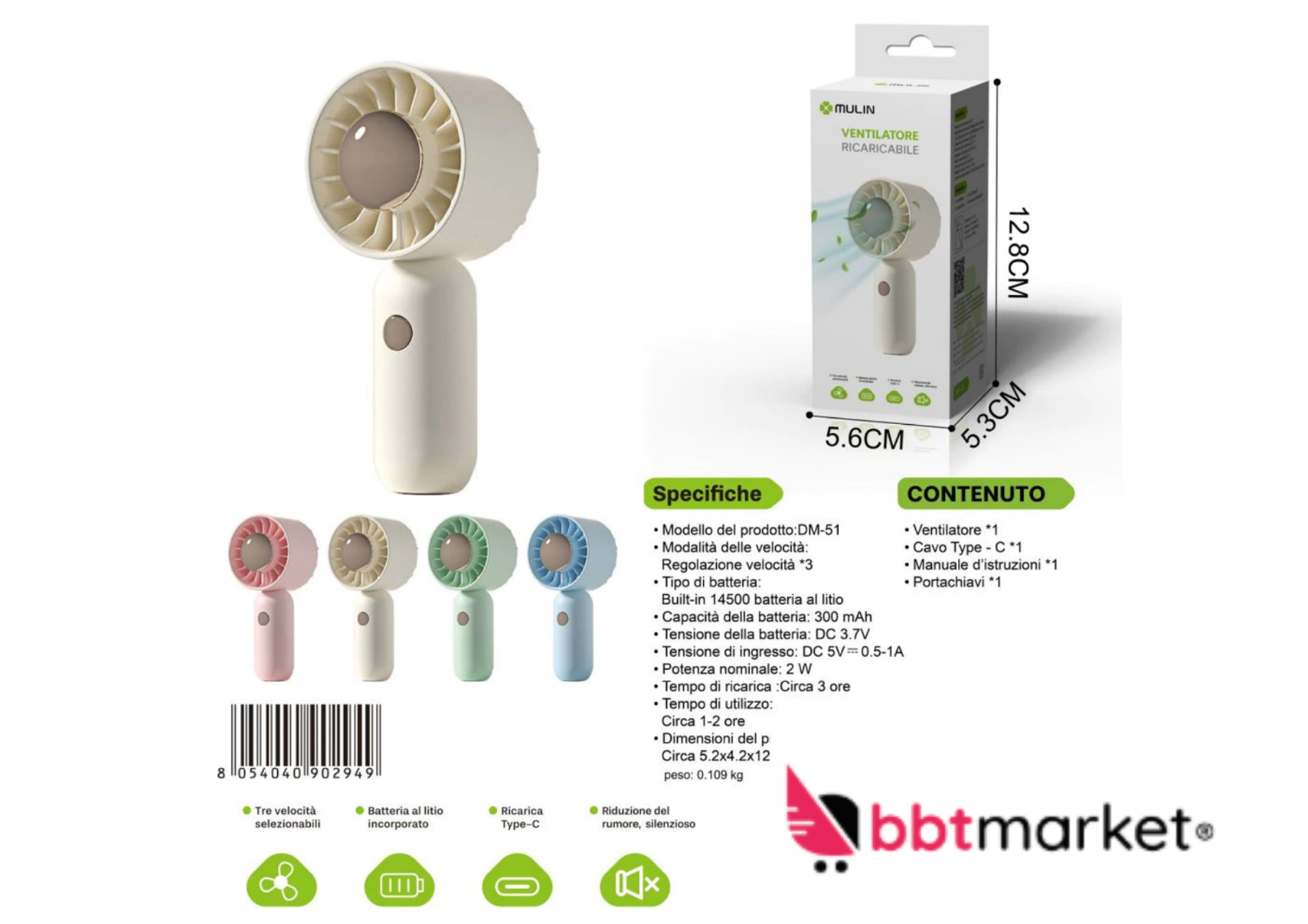 Mini USB Akku Ventilator DM-51 – Leiser Handventilator mit 3 Stufen USB-C