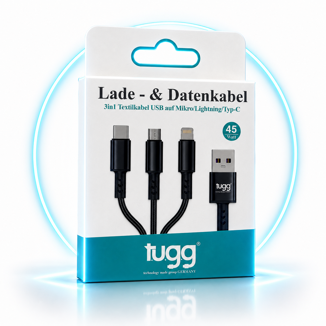 3in1 USB Ladekabel 45W USB-C 8-Pin Micro USB 1,2m Textilkabel