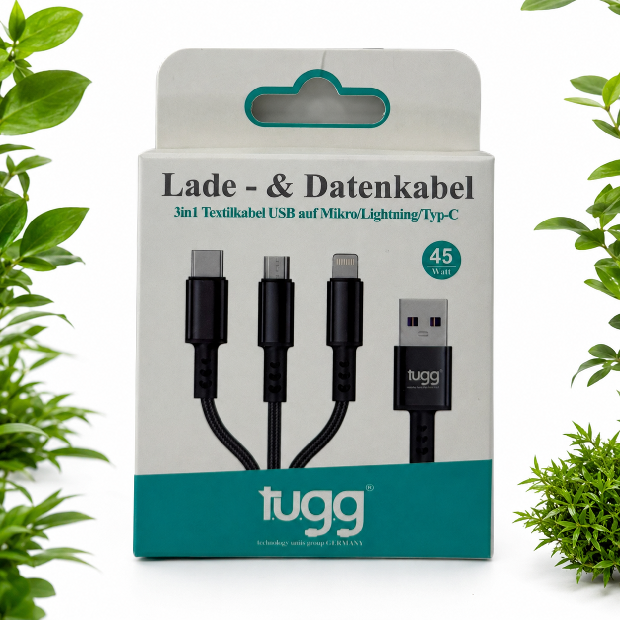 3in1 USB Ladekabel 45W USB-C 8-Pin Micro USB 1,2m Textilkabel