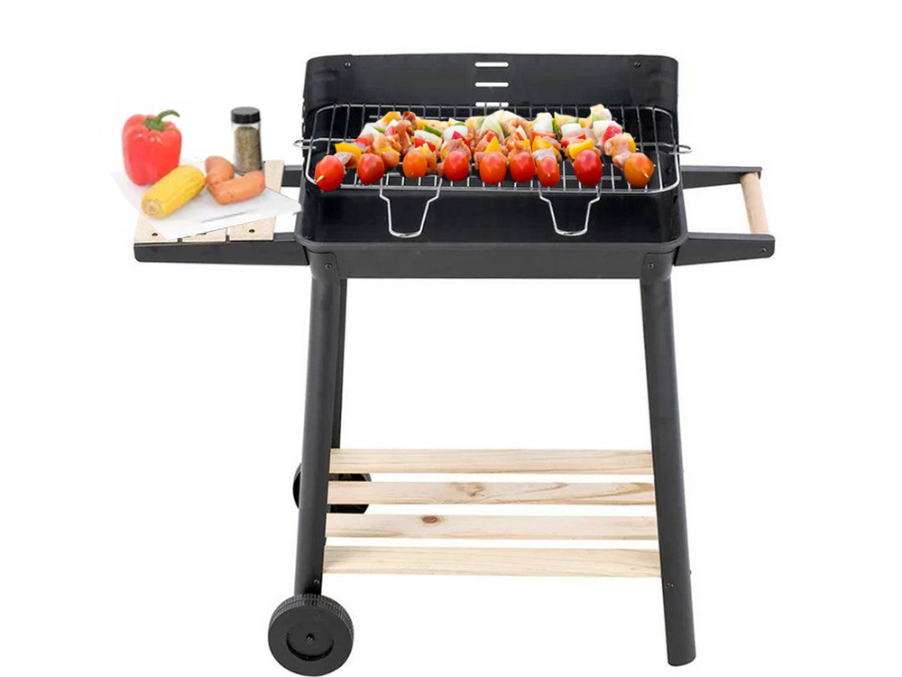 Holzkohlegrill Grillwagen BBQ Grill Höhenverstellbar Ablagen Räder Garten