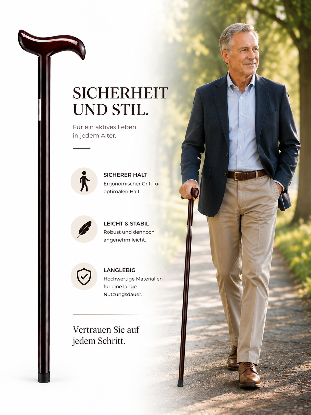 Holz Gehstock 88 cm Spazierstock Wanderstock Gehhilfe Stock für Erwachsene