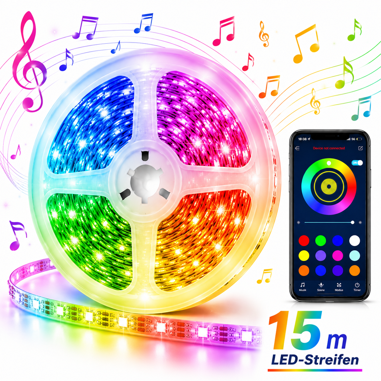 RGB LED Strip 15 m LED Lichtband APP Fernbedienung Musikmodus Timer 450 LEDs