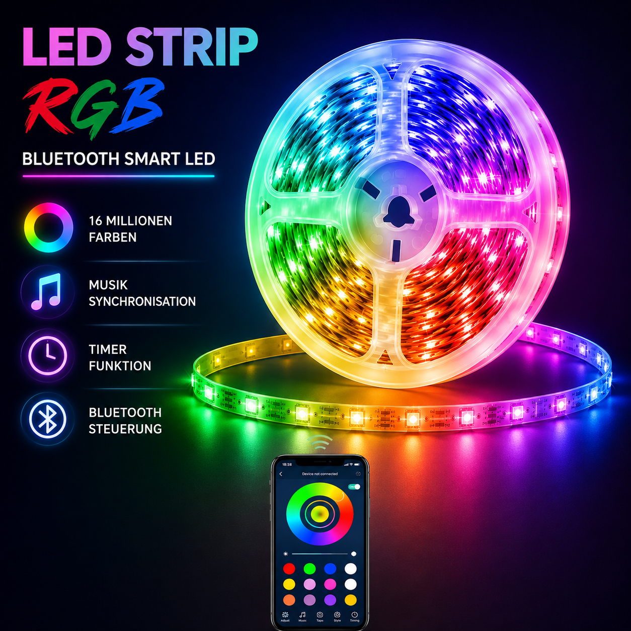 RGB LED Strip 15 m LED Lichtband APP Fernbedienung Musikmodus Timer 450 LEDs