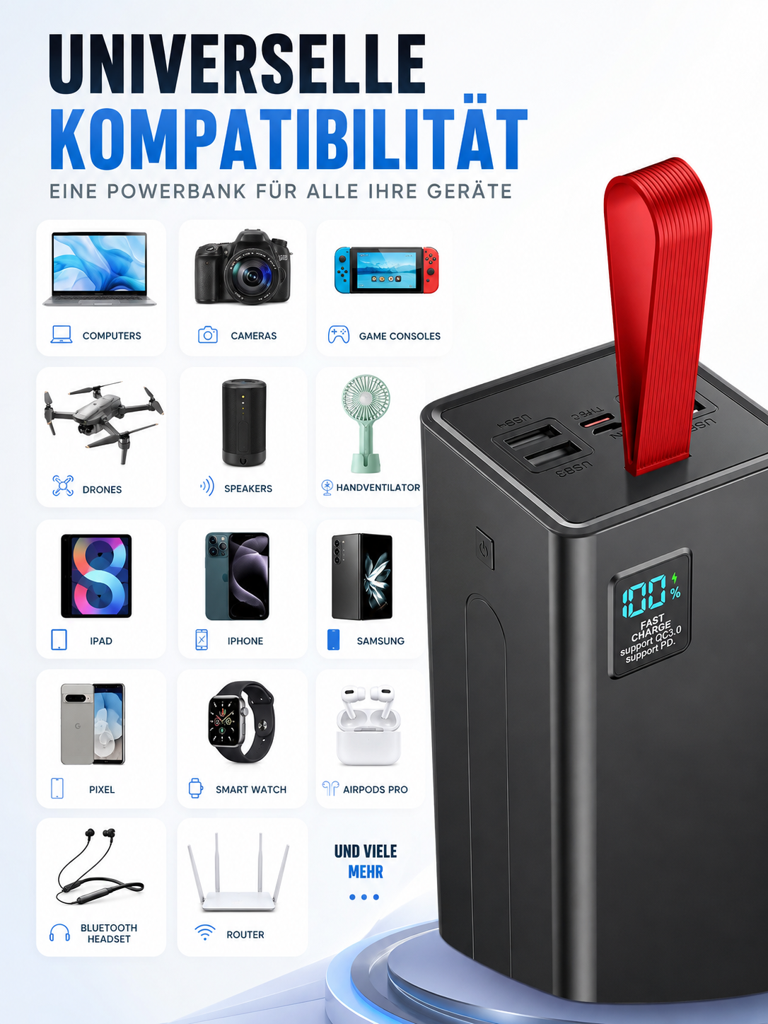 Powerbank 70000mAh 30W PD QC 3.0 Schnellladegerät USB-C 5 Ausgänge LED Display