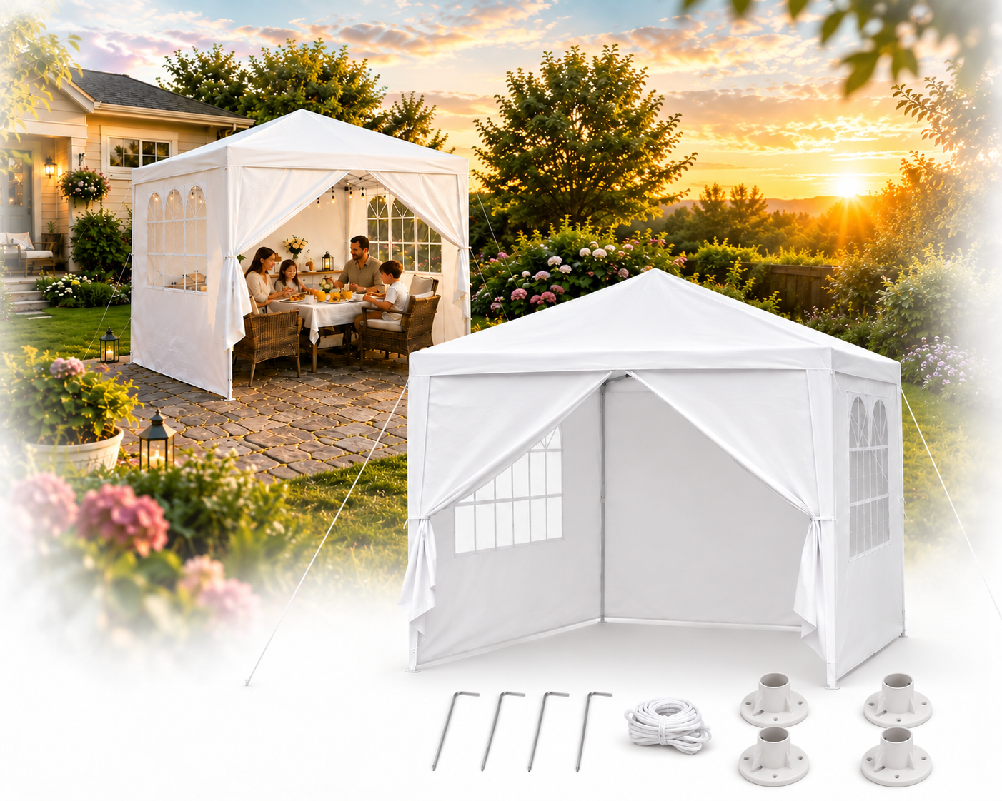 Italform Gartenpavillon 3x3 m Weiß mit 4 Seitenwänden Partyzelt Garten Pavillon