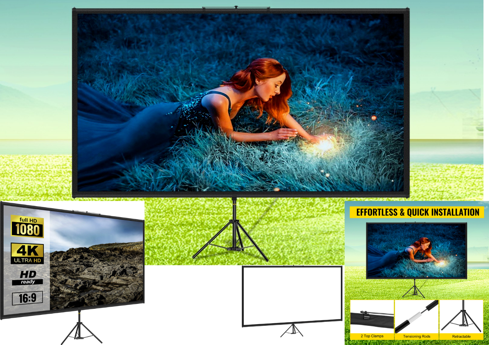 100" Beamer Leinwand Mit Ständer 16:9 Full HD Outdoor Heimkino 227x127cm Screen