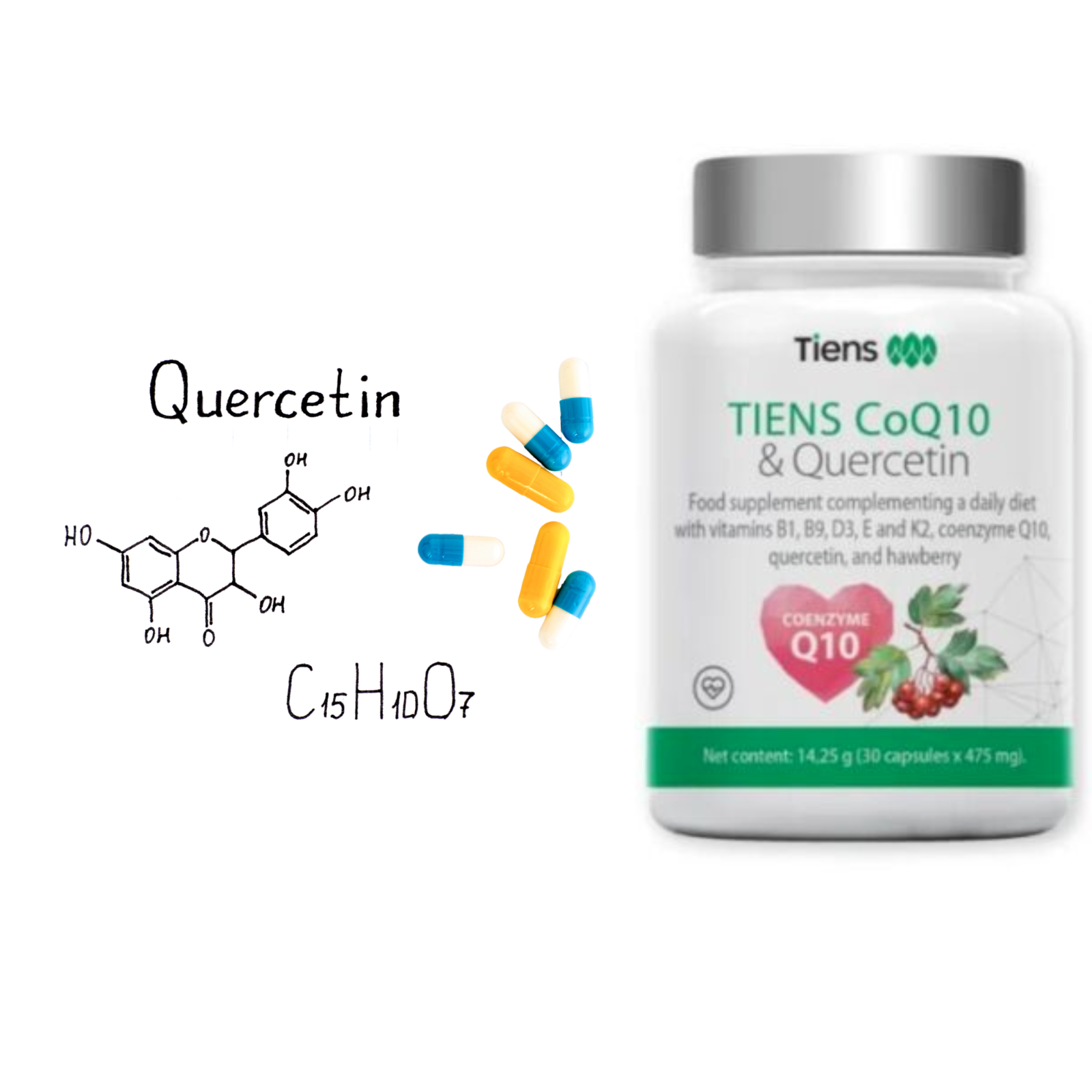 TIENS CoQ10 & Qercetin mit Vitaminen B1 B9 D3 E und K2, Coenzym Q10 & Weißdorn