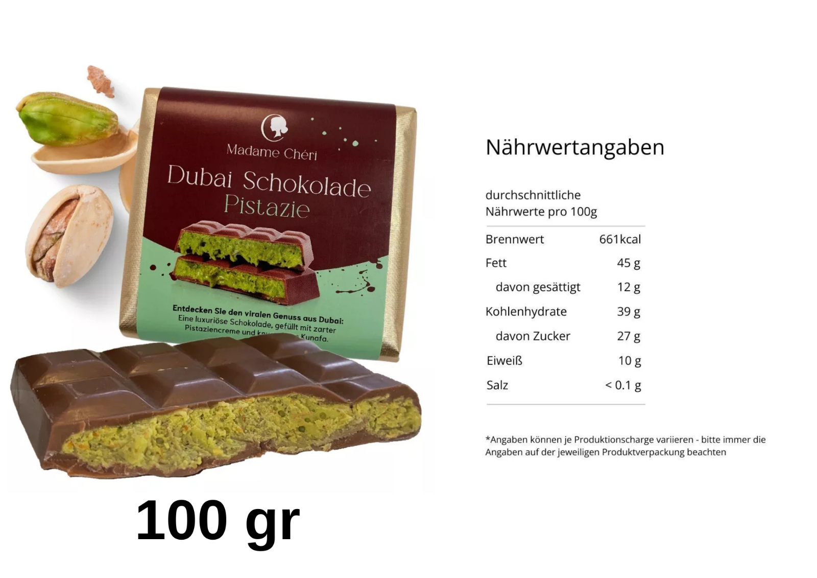 Dubai Schokolade mit Pistaziencreme & Kadayif - 80gr - 100 gr - 200 gr