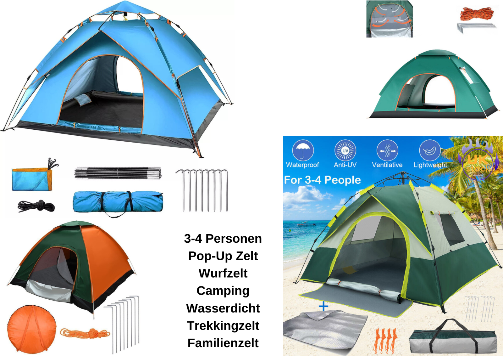 3-4 Personen Pop-Up Zelt Wurfzelt Camping Wasserdicht Trekkingzelt Familienzelt