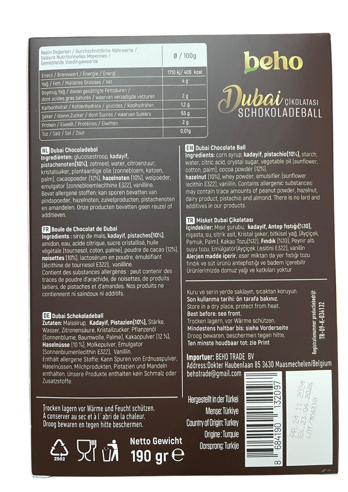 Dubai Schokoladeball Dubai Chocolate 190g Neuheit