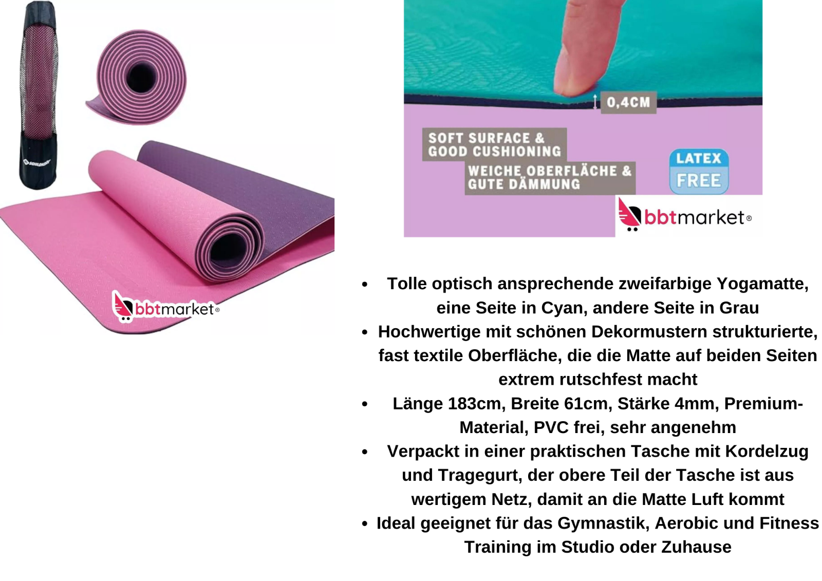 Gymnastikmatte Yogamatte Yoga Pilates Sportmatte 180 cm PVC-freie   ✅ rutschfest