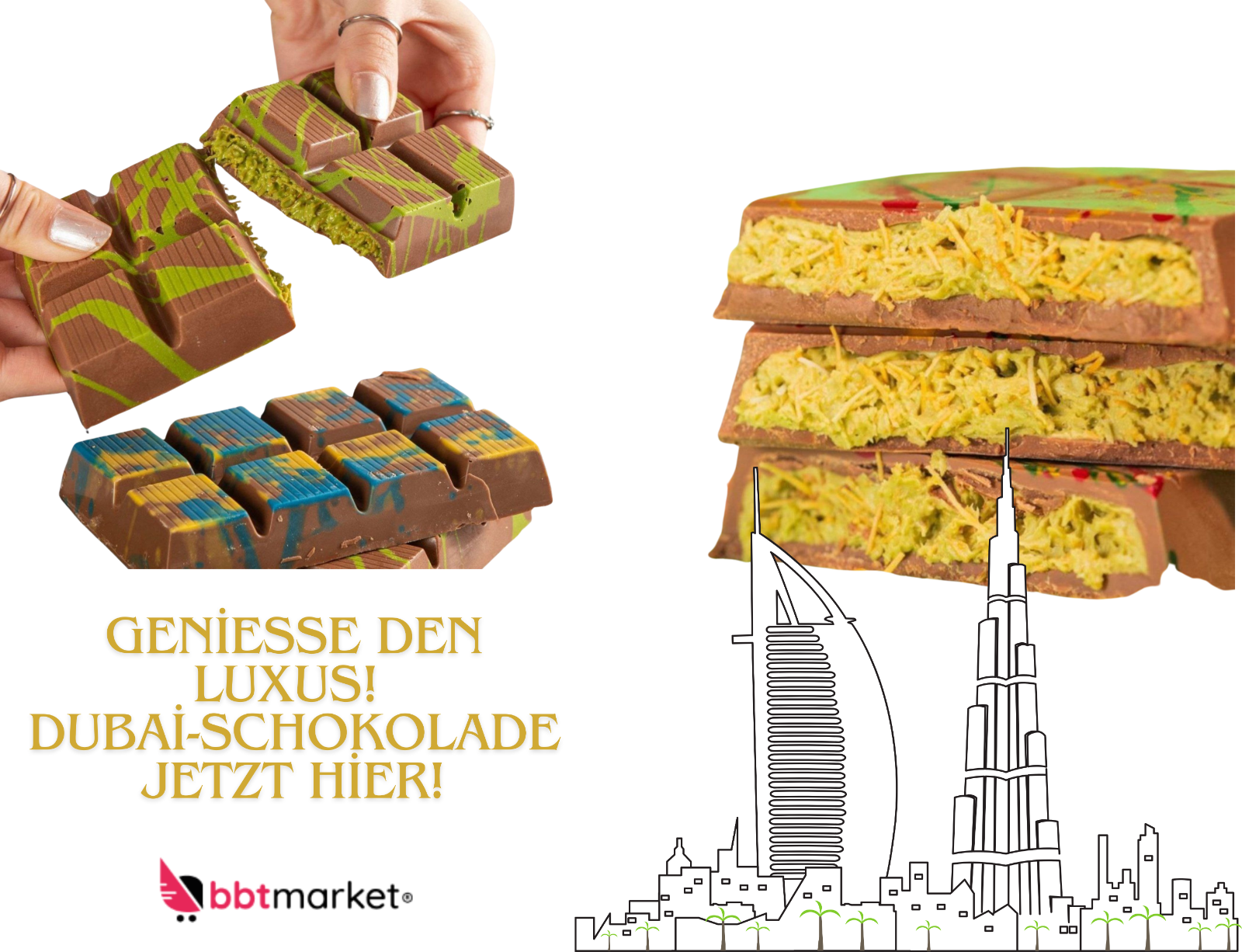 Dubai Schokolade mit Pistaziencreme & Kadayif - 80gr - 100 gr - 200 gr