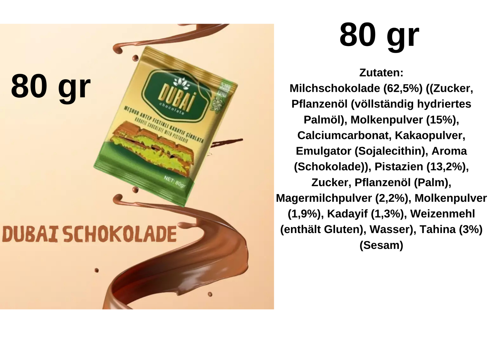 Dubai Schokolade mit Pistaziencreme & Kadayif - 80gr - 100 gr - 200 gr