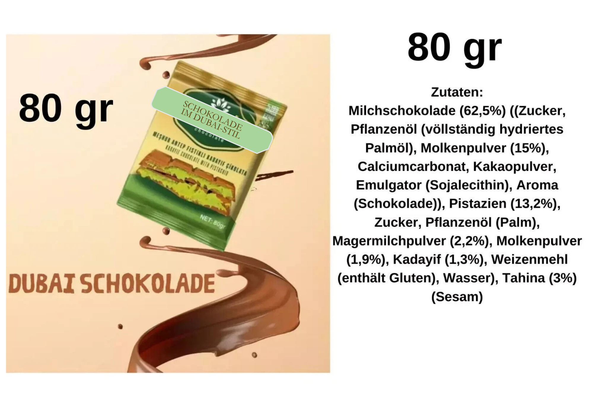 Schokolade mit Pistaziencreme & Kadayif – 80g 100g 200g – Orientalischer Genuss