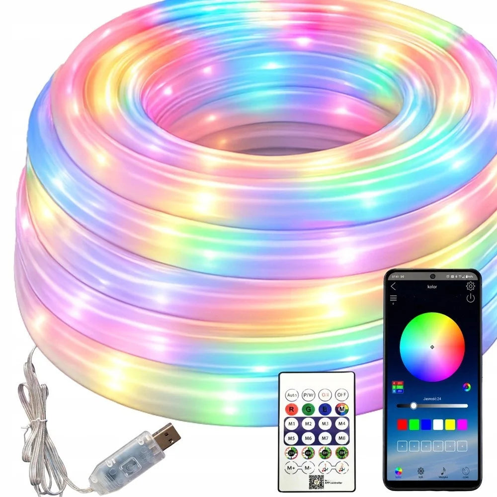5m RGBIC 360° Neon LED Strip Bluetooth App Fernbedienung Musikmodus USB Lichtban