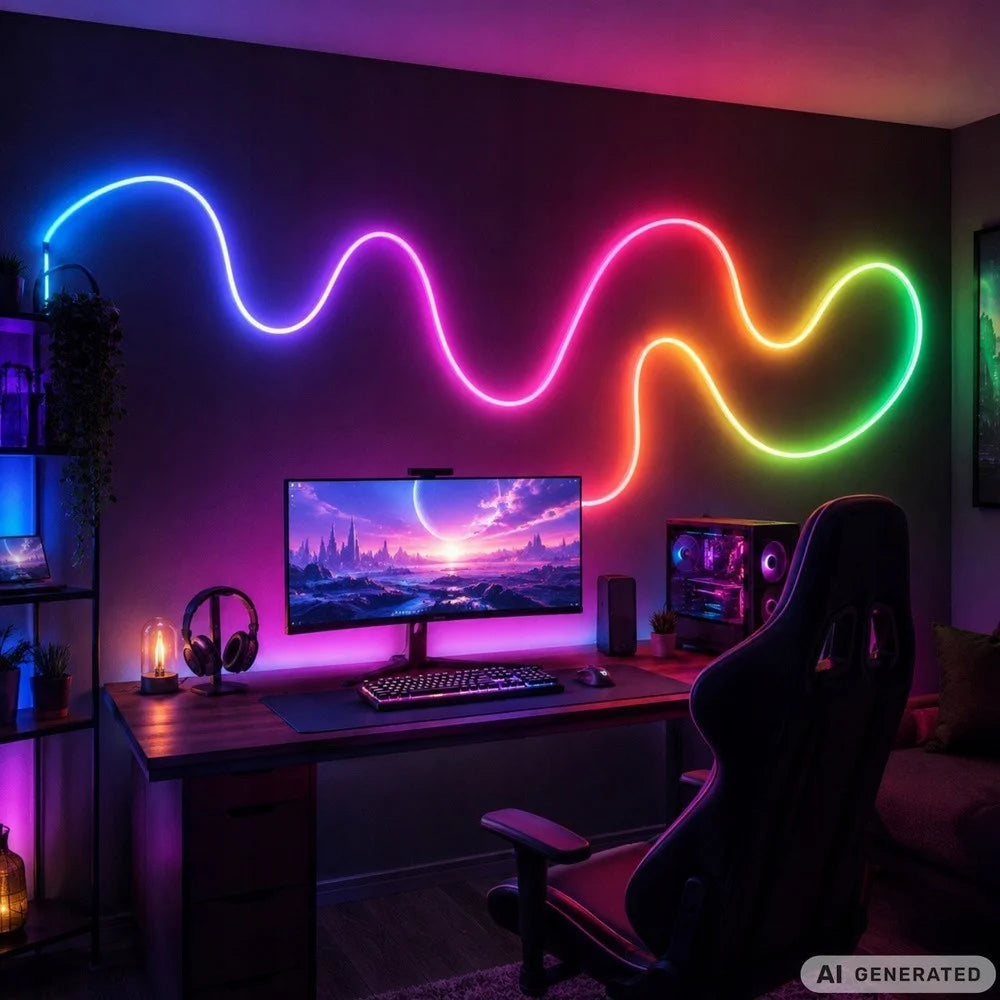 5m RGBIC 360° Neon LED Strip Bluetooth App Fernbedienung Musikmodus USB Lichtban