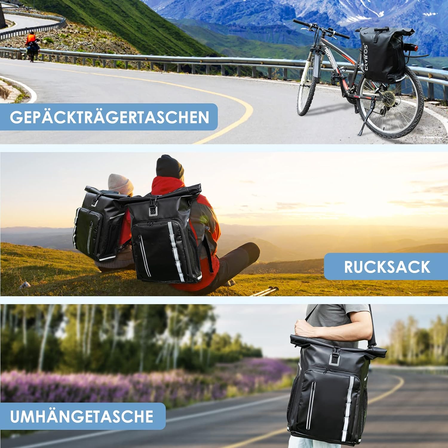 Fahrradtasche 3in1 für Gepäckträger Rucksack, Packtasche Wasserdicht 27L E-Bike