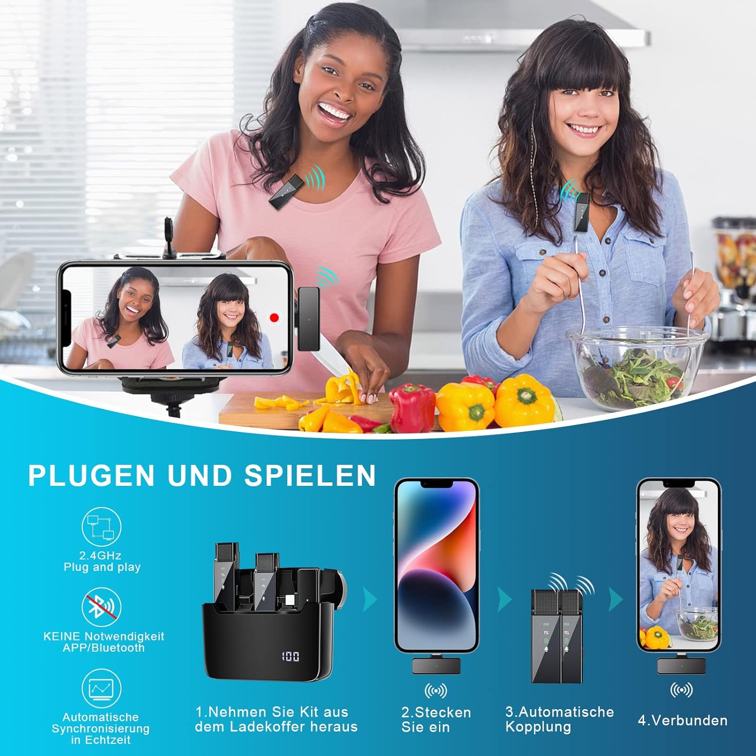 2er Mikrofon Wireless für iPhone/iPad/Android,Plug & Play