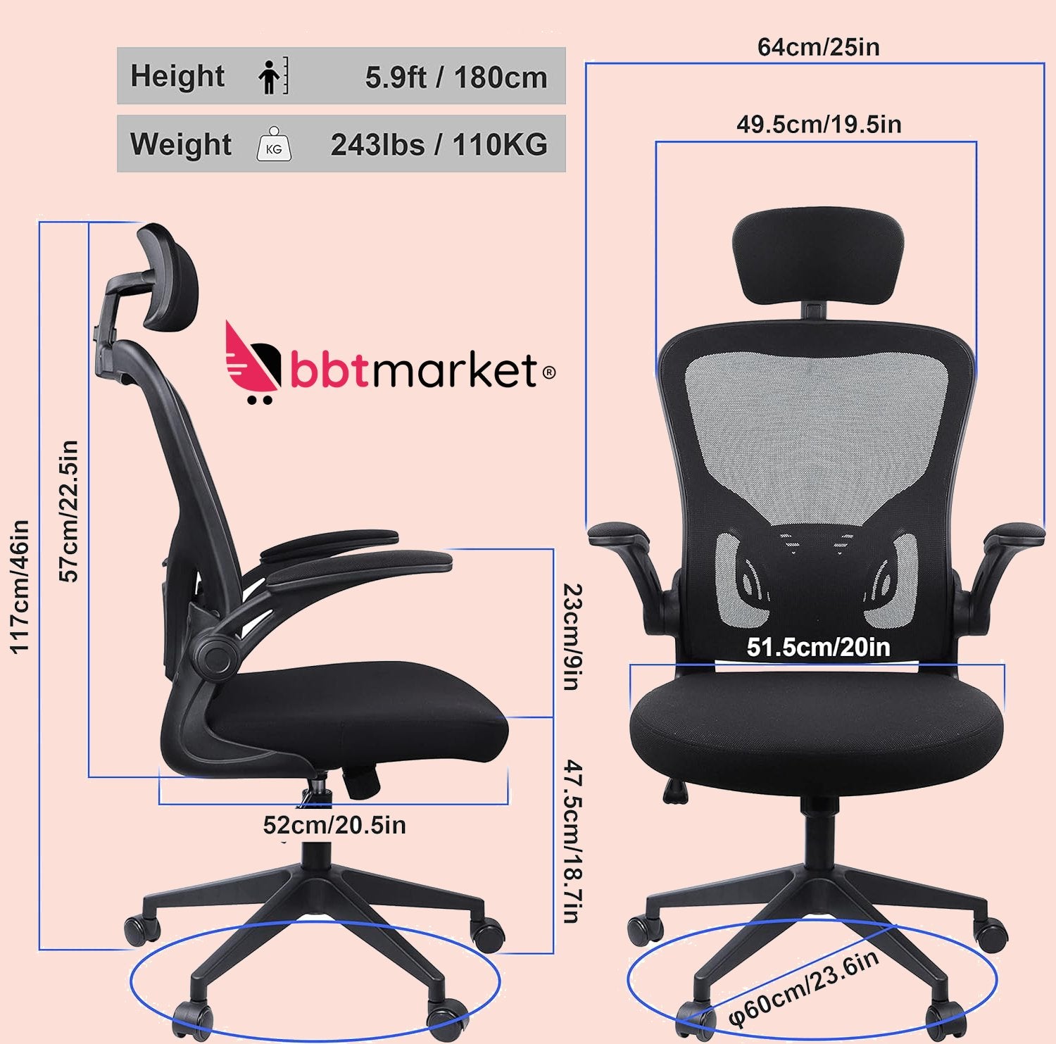 Ergonomisch Bürostuhl mit Verstellbarer Kopfstütze Bis 150KG Belastbar (Schwarz)