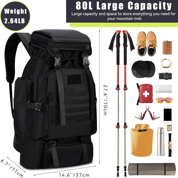 Hiking Backpack 80L Camping Rain Cover Waterproof Outdoor Sport Travel Bag 