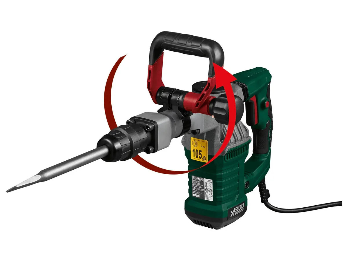 PARKSIDE® Abbruchhammer PAH 1300 B2 – 1300W SDS-Max Meißelhammer mit 15 Joule Schlagkraft – inkl. Koffer, Spitz- & Flachmeißel – Profi Abbruchwerkzeug für Beton, Mauerwerk & Gestein