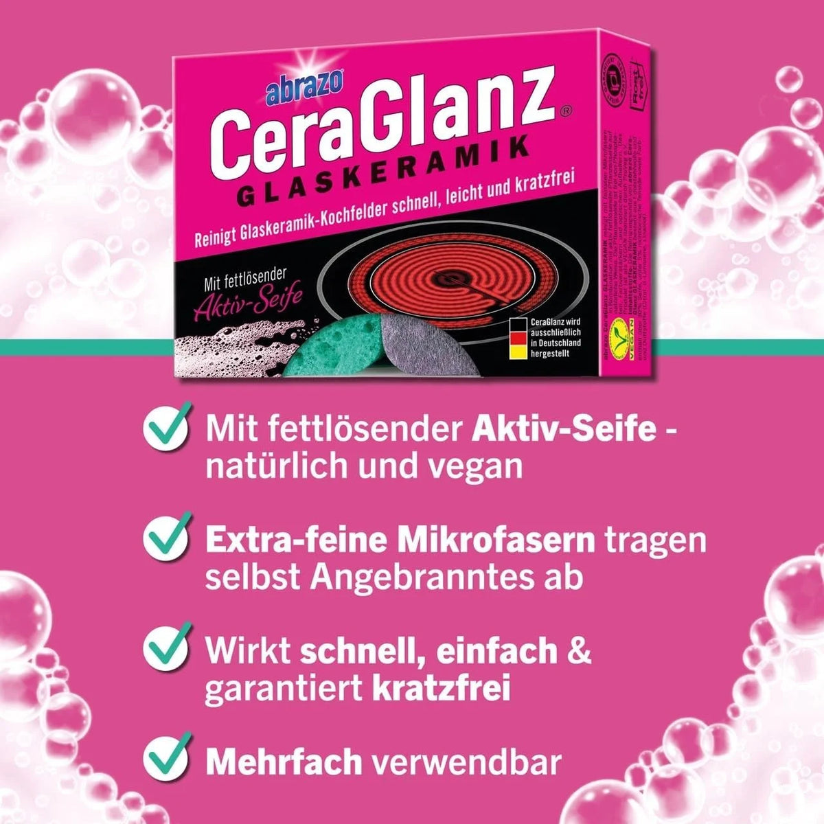 abrazo CeraGlanz Glaskeramik-Reiniger 2 Stück – Reinigungskissen für Kochfeld, Herd & Glasflächen