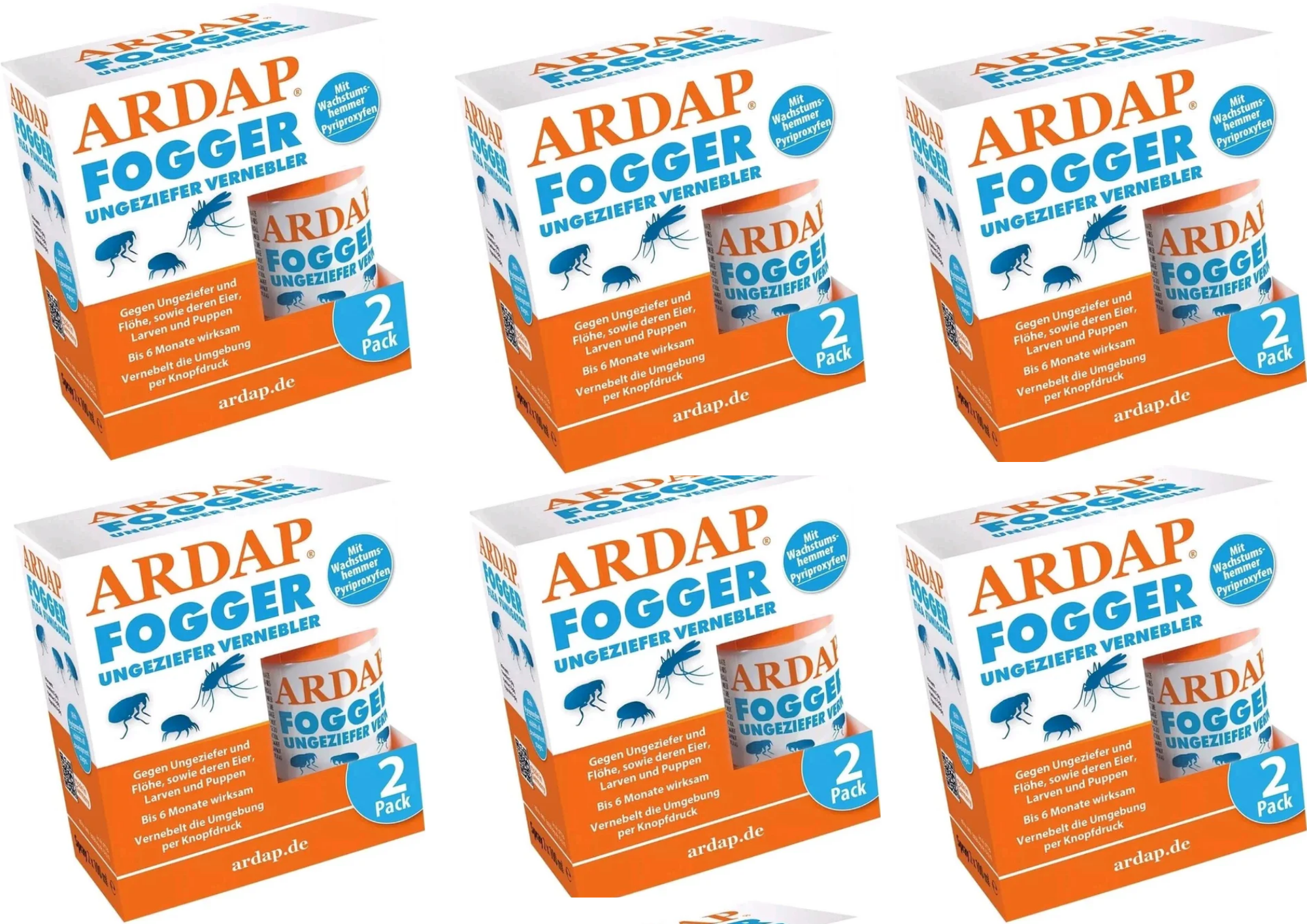 ARDAP Fogger 6er Set (6x 2x100ml) – Insektenvernebler gegen Flöhe, Milben, Zecken & Ungeziefer – Langzeitschutz bis zu 6 Monate – Für bis zu 180 m² Raumfläche
