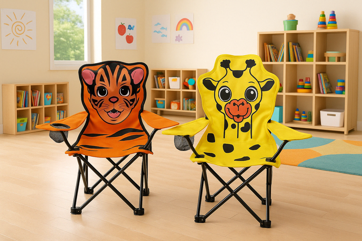 Kinder Campingstuhl Tiere – Faltbarer Klappstuhl mit Tiermotiv, Getränkehalter & Tragetasche für Garten, Camping & Picknick