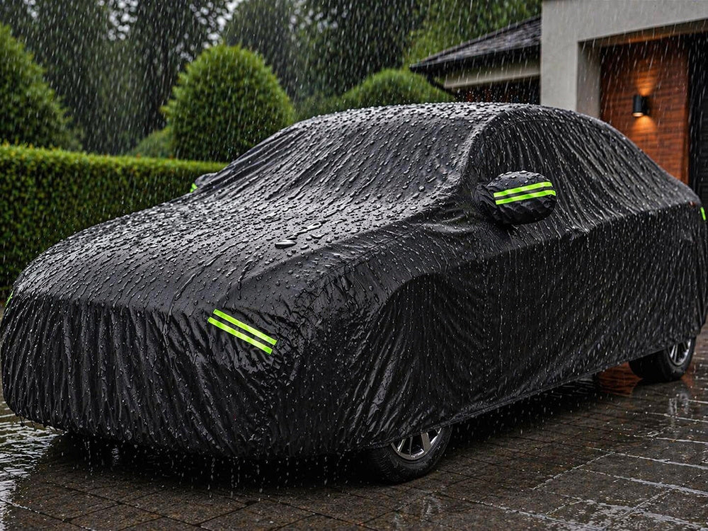 Autoabdeckung XXL wasserdicht – Ganzgarage mit Spiegeltaschen für Sommer & Winter, UV-, Regen- und Schneeschutz