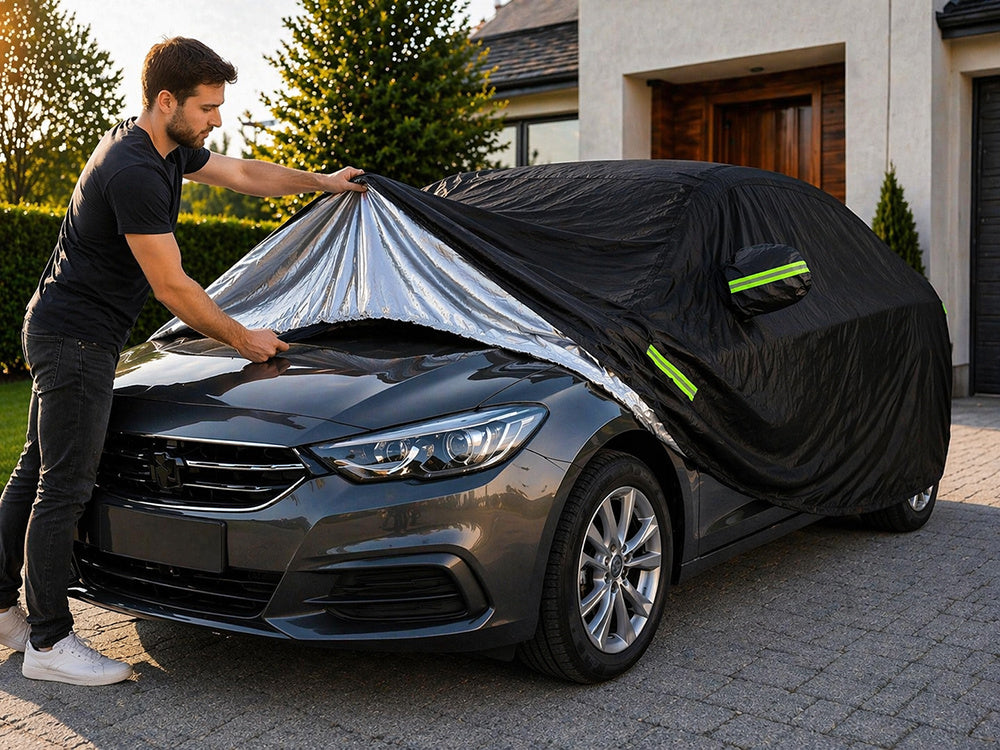 Autoabdeckung XXL wasserdicht – Ganzgarage mit Spiegeltaschen für Sommer & Winter, UV-, Regen- und Schneeschutz