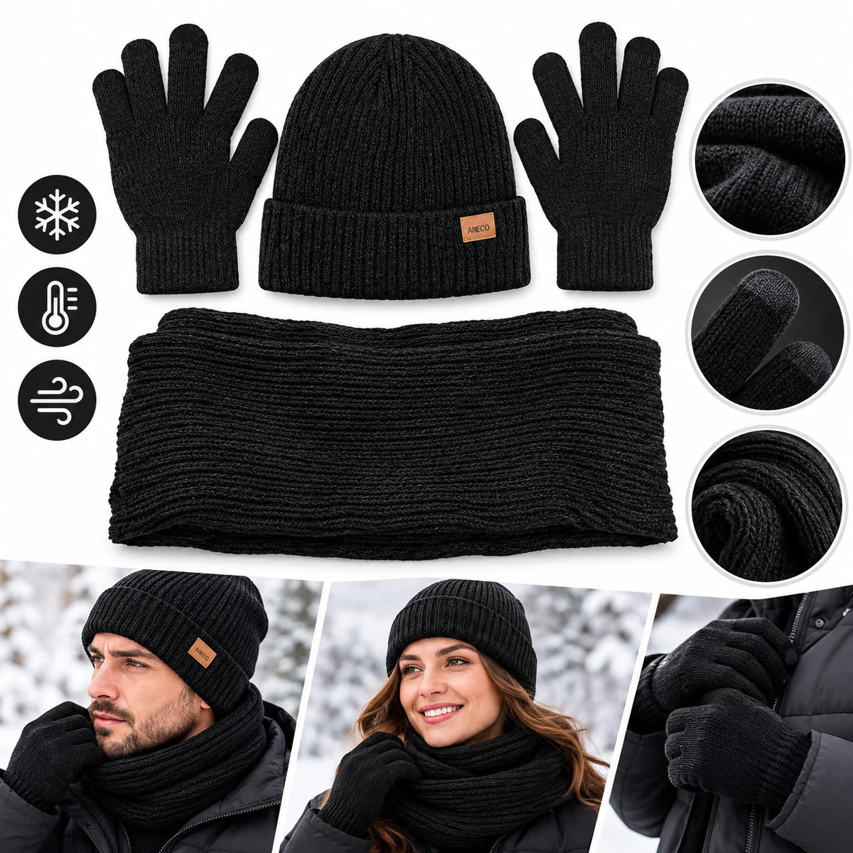 Winterset 3-teilig in Schwarz – Strickmütze, Schal & Handschuhe für Herren und Damen