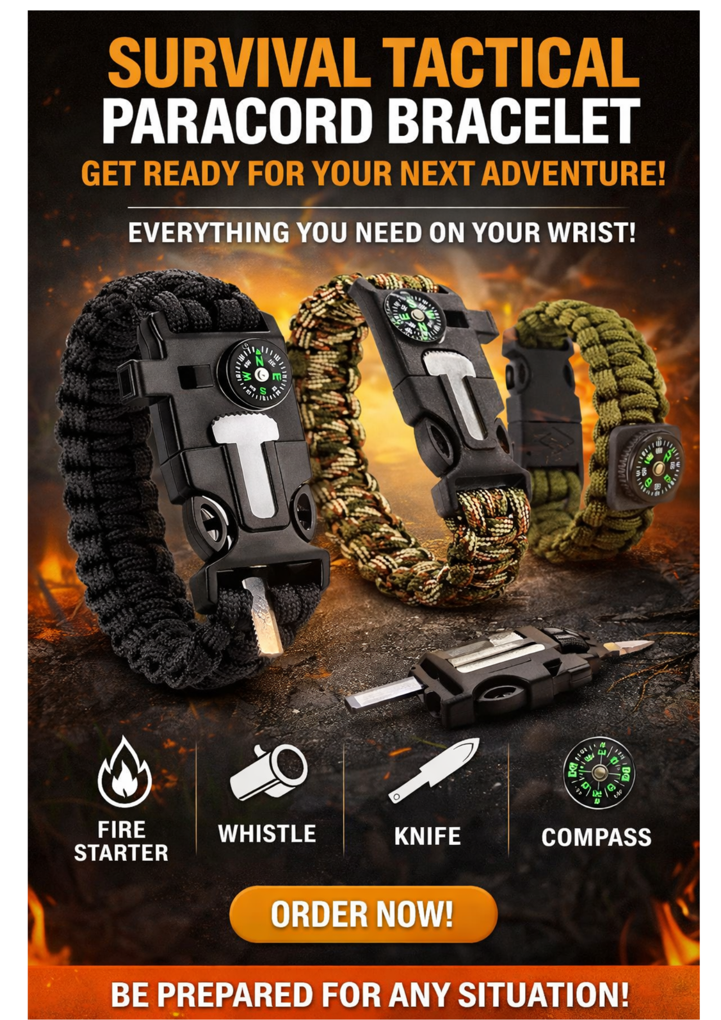 Survival Armband 5in1 Paracord mit Kompass Feuerstarter Outdoor