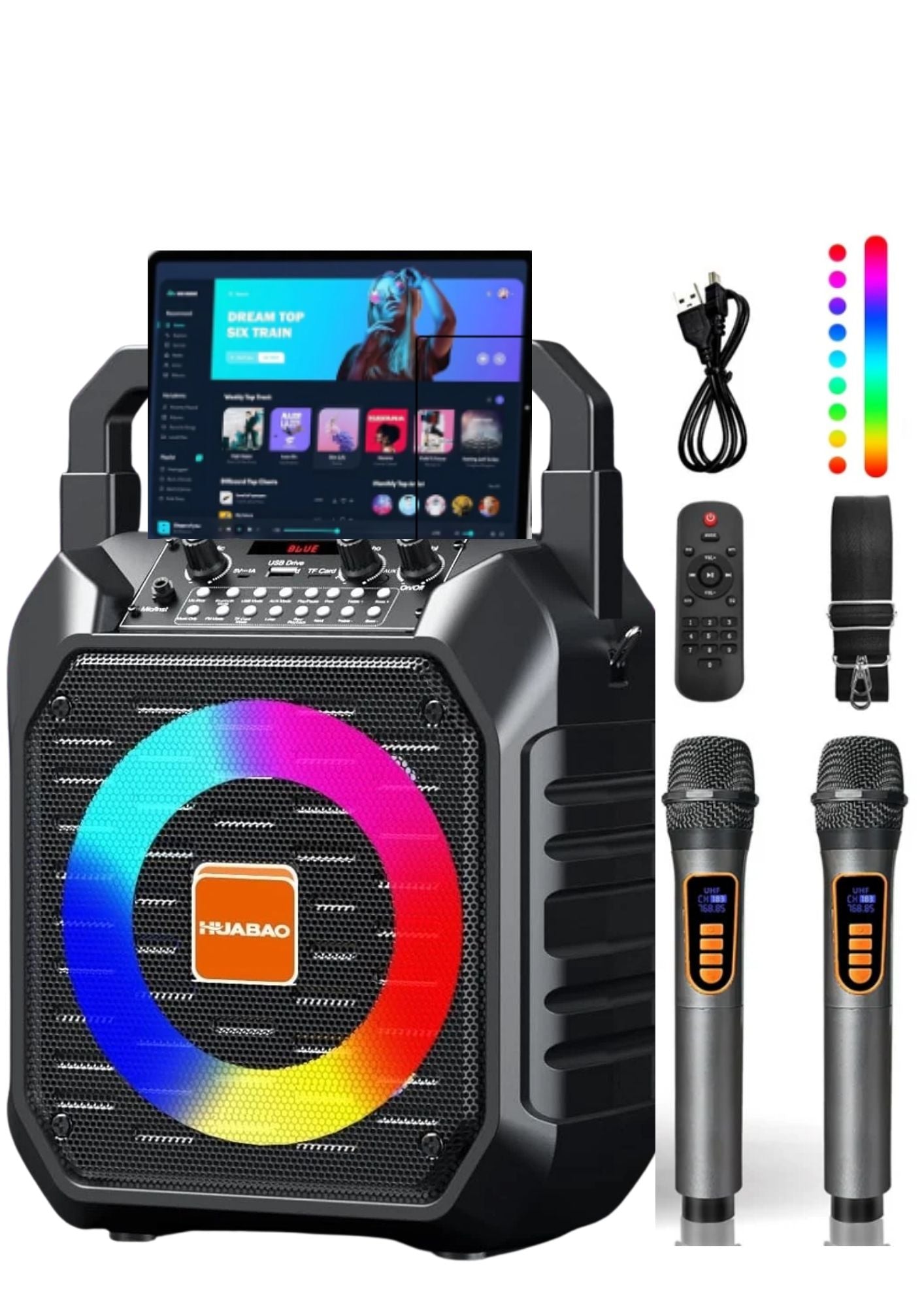 Tragbare Karaoke Maschine mit 2 Kabellosen Mikrofonen & LED – Bluetooth Lautsprecher schwarz