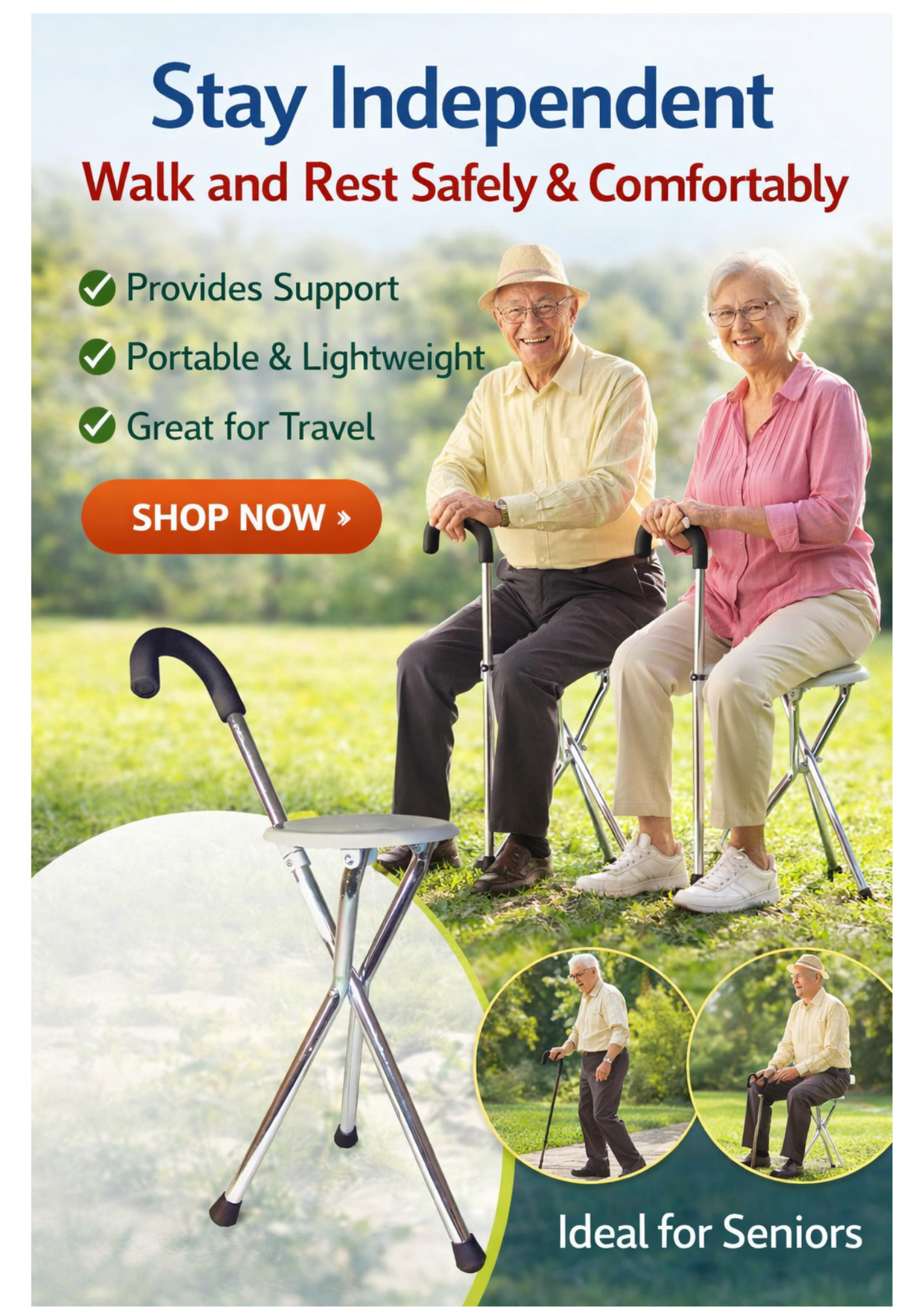 2er Set Einstellbarer Gehstock mit Sitz – Leichte Aluminium Gehhilfe für Senioren