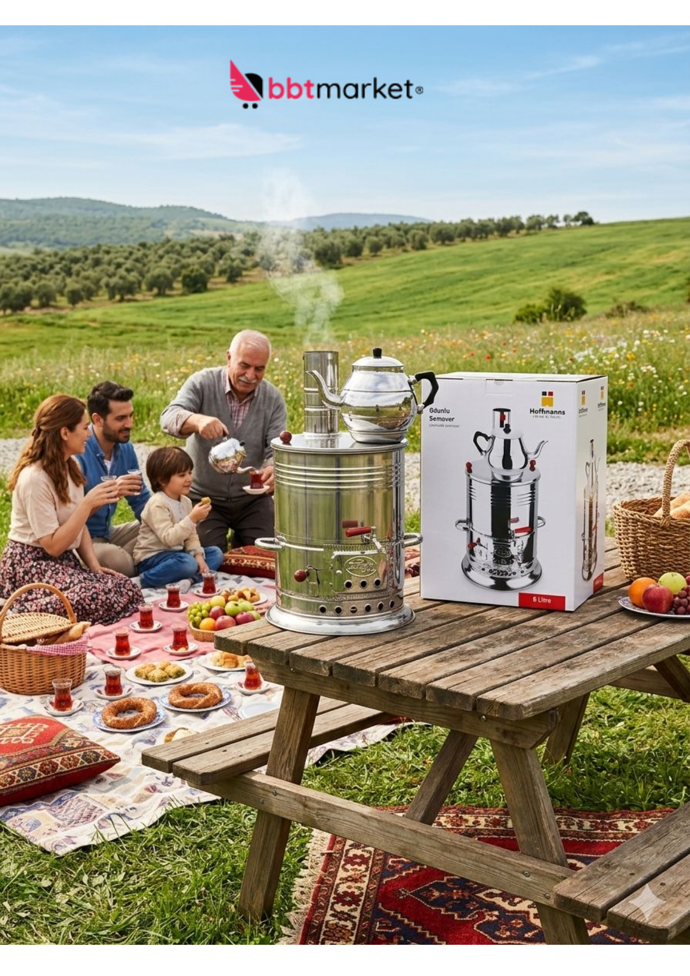 Holzkohlen Samowar Kömürlü Odun Teekocher Edelstahl mit Teekanne Garten Camping