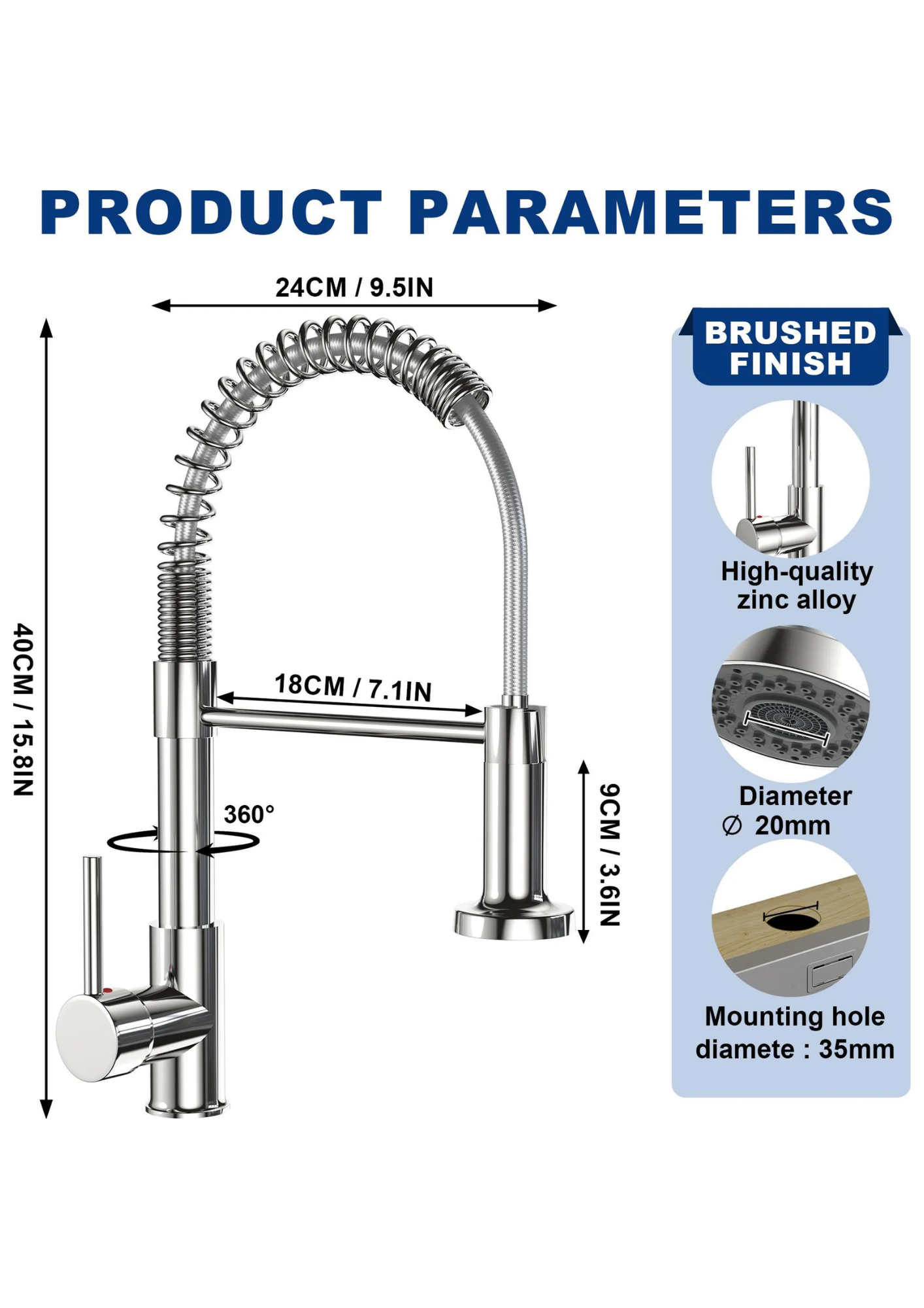 Küchenarmatur Hochdruck mit Ausziehbarer Brause – 360° Schwenkbar, Chrom