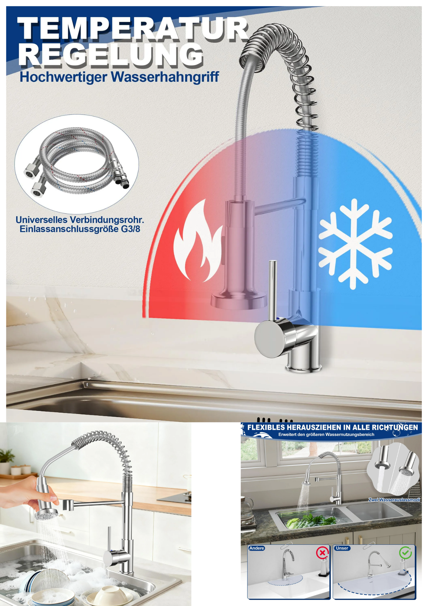 Küchenarmatur Hochdruck mit Ausziehbarer Brause – 360° Schwenkbar, Chrom