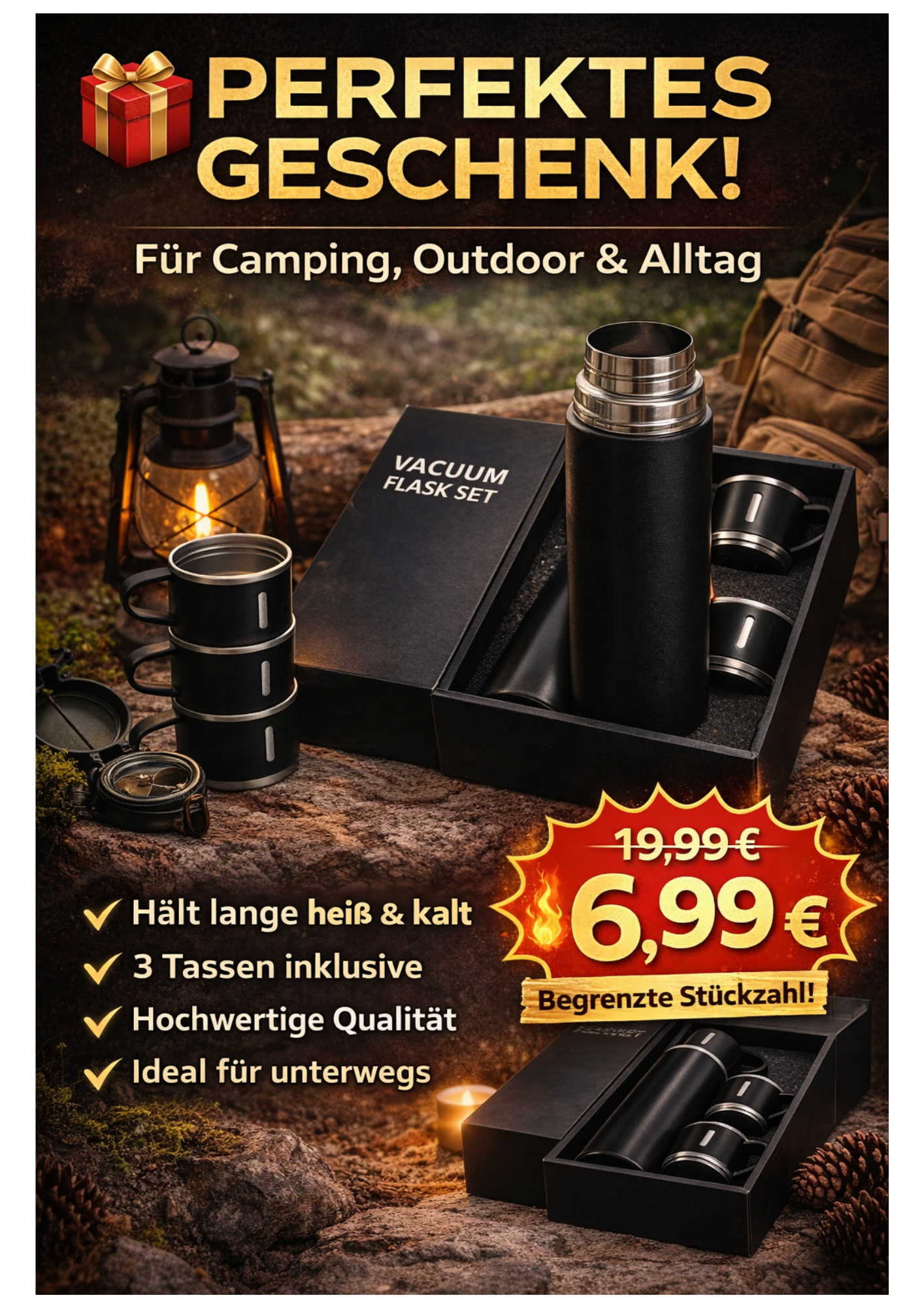 Thermoskanne 400ml Edelstahl isoliert 3 Becher Set Thermosflasche Camping